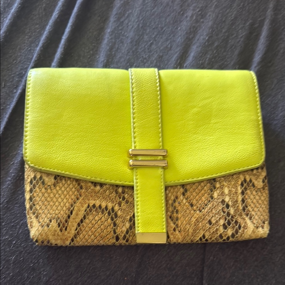 Lime Green and Tan Clutch Bag